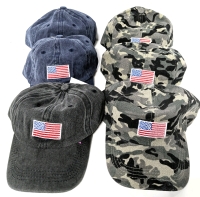 6 New Adjustable Adult Baseball Caps With Embroidered American Flags : 3&times; Camo, 2&times; Blue, 1&times; Grey