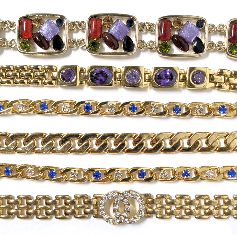 6 Vintage to Modern Bracelets : Multicolor & Clear Rhinestones, Chain, Line - Between 7" - 8.5" Long With Box Clasps