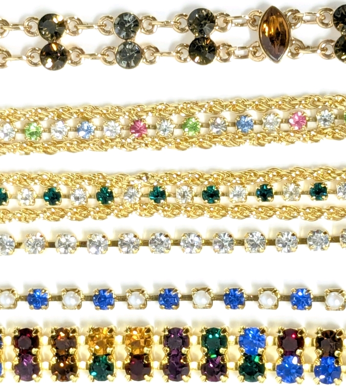 6 Vintage to Modern Bracelets : Multicolor & Clear Rhinestones, Faux Pearls, Multi Strand, Line - Between 6.75" - 7.5" Long With Box & Ring Clasps