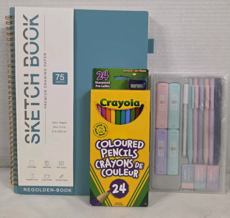 3 New | 75 Sheet 8.5" x 11.5" Sketchbook, 24 pack CRAYOLA Coloured Pencils w/ Sharpener & 6 Pack Mechanical Pencils w/ Erasers & Graphite