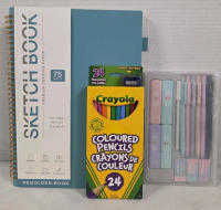 3 New | 75 Sheet 8.5" x 11.5" Sketchbook, 24 pack CRAYOLA Coloured Pencils w/ Sharpener & 6 Pack Mechanical Pencils w/ Erasers & Graphite