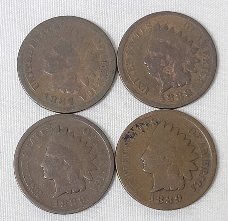 1886 - 1889 USA Indian Head One Cent Pennies , 4 Coins . 1886 , 1888 & 1889 &times;2