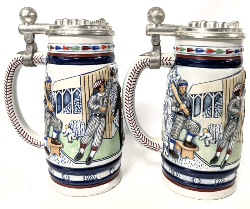 2 Vintage 1985 Limited Edition AVON Baseball Lidded Beer Stein Tankards Handmade in Brazil - 8.2" Tall Each