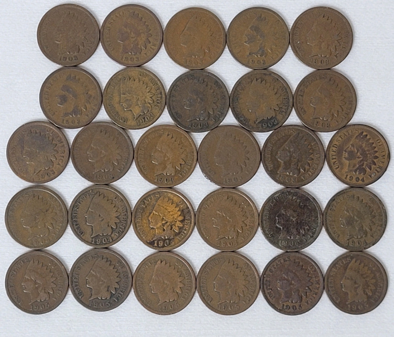 1903 - 1905 USA Indian Head One Cent Pennies , 28 Coins . 1903 &times;15 , 1904 &times;7 & 1905 &times;6