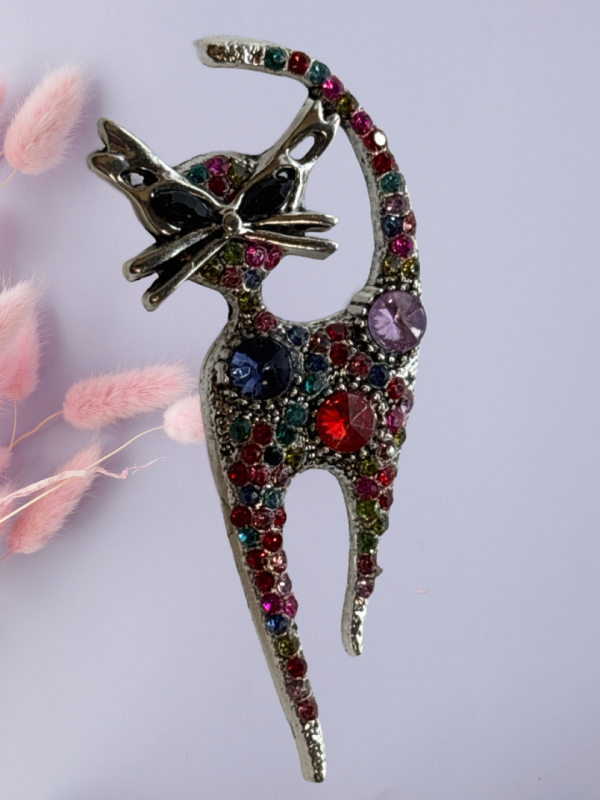 Lovely Multicoloured Cabs and Rhinestone Whimsical Cat Brooch Approximately 2.75 x 1.18 inch