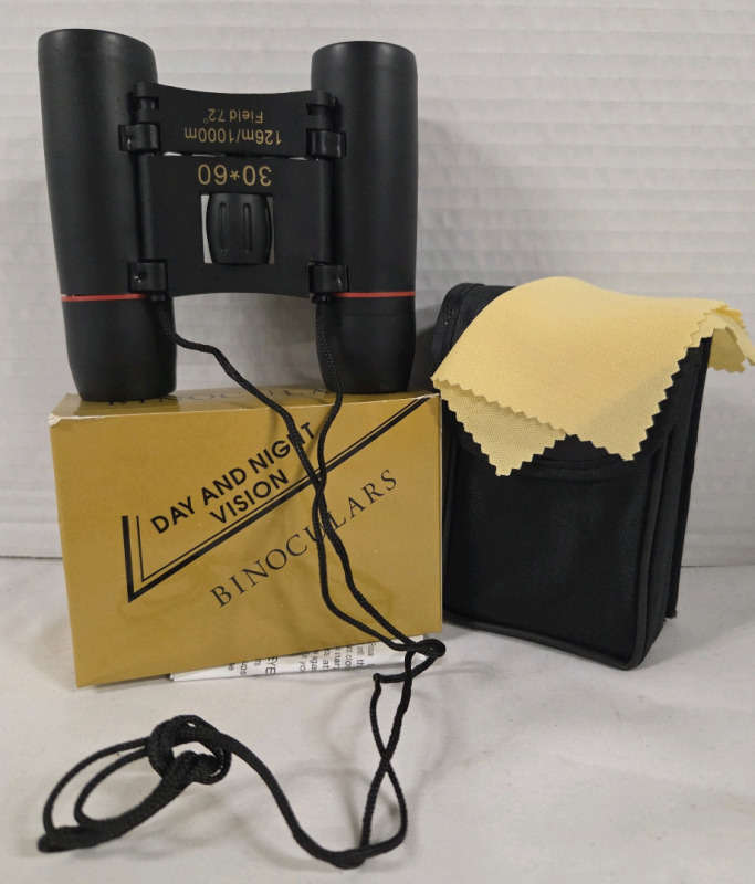 New | Foldable Day & Night Vision Binoculars w/ Case & Lense Cloth | Measures 4" x 4" Fully Extended