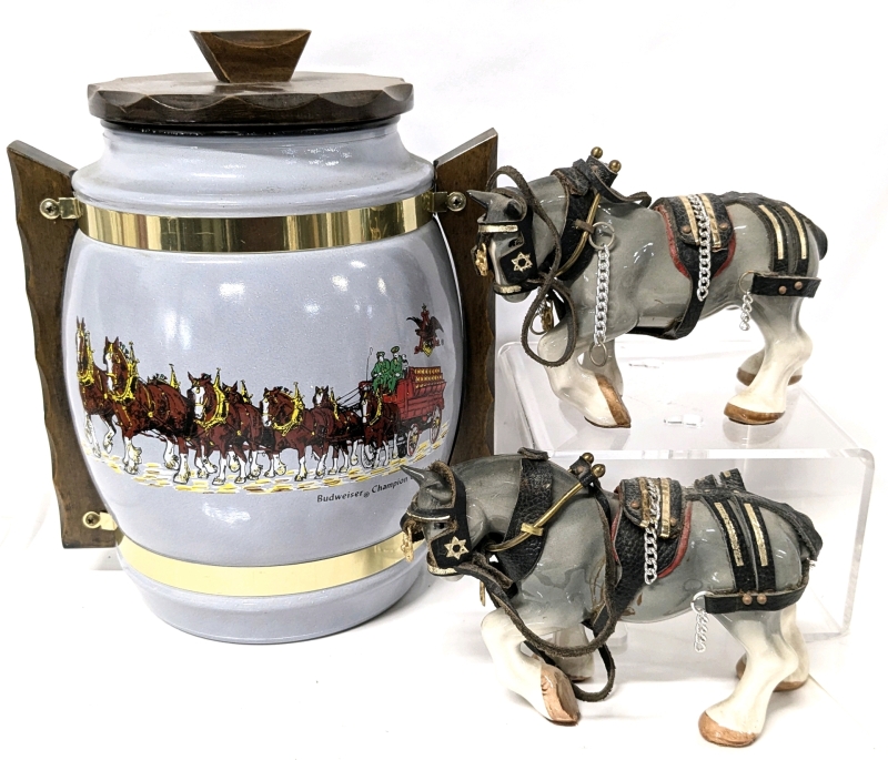 Vintage Budweiser Champion Clydesdales Painted Amber Glass Siestaware Cookie Jar with Wooden Handles & Lid + 2 Porcelain Clydesdale Draft Horses Figurines - Up To 9.75" Tall