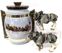 Vintage Budweiser Champion Clydesdales Painted Amber Glass Siestaware Cookie Jar with Wooden Handles & Lid + 2 Porcelain Clydesdale Draft Horses Figurines - Up To 9.75" Tall