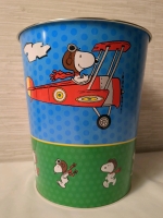 Pilot Snoopy Themed Tin Trash Can Approx 10 inches tall, diameter 9 inches