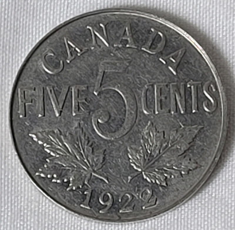 1922 Far Rim Canadian 5 Cent Nickel . High Grade EF-40 or Higher