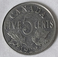 1922 Far Rim Canadian 5 Cent Nickel . High Grade EF-40 or Higher