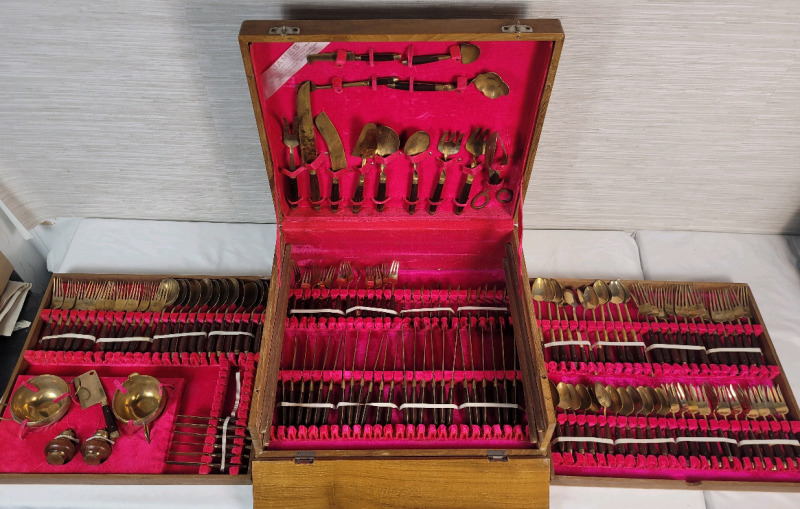 Vintage MCM JAMES Thailand Bronze w/Wooden Handle Flatware Set in Wood Case (possibly teak), 144pcs . Only Missing 6 Butter Knives .