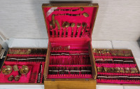 Vintage MCM JAMES Thailand Bronze w/Wooden Handle Flatware Set in Wood Case (possibly teak), 144pcs . Only Missing 6 Butter Knives .