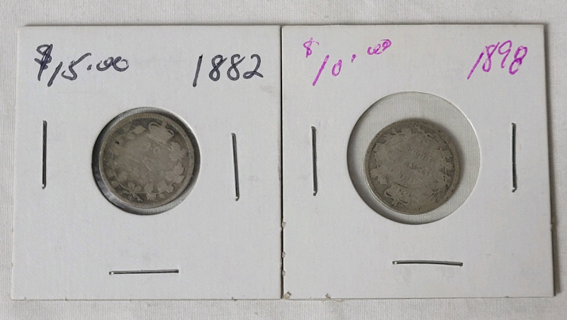 1882 & 1898 Canadian Silver Dimes , 2 Coins