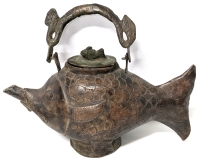 Really Cool Vintage Bronze Lucky Fish Teapot with Baby Fish on Lid & Dragon/Sea Serpent Handle - 6.5" Tall (Excluding Handle)