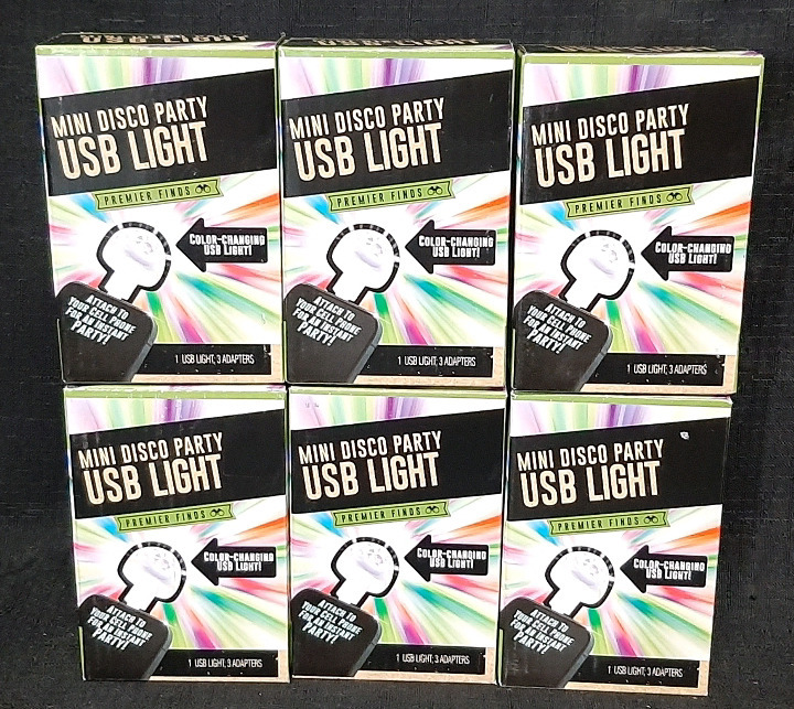 6 New in Box Mini Disco Party USB Lights | Comes with Three Adaptors Each, Box is 4&frac12;" Tall, 3" Wide
