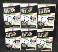 6 New in Box Mini Disco Party USB Lights | Comes with Three Adaptors Each, Box is 4&frac12;" Tall, 3" Wide