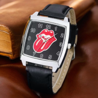 New Trendy Lip Design Quartz Watch Black PU Leather Strap Black Square Dial with Red Lips Sporty Analog Display Start Me Up