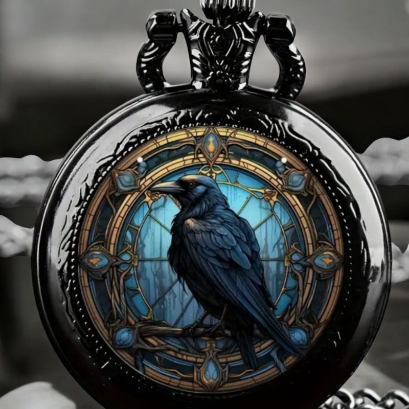 New Vintage-Inspired Raven & Skull Pocket Watch Chain 30 In Lobster Clasp Pull Tab intact Watch approximately 2 Inch