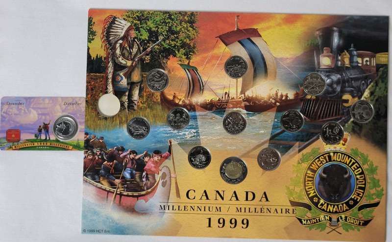 1999 Canada Millennium Month Quarter & Toonie Set w/NWMP Display Board . All Coins Appear Uncirculated