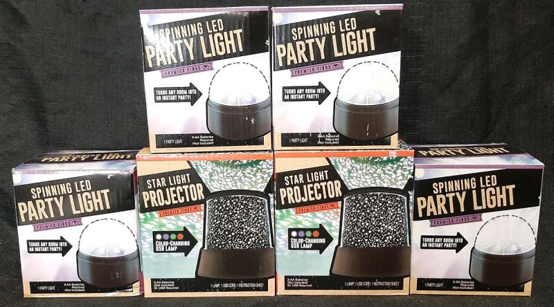 6 New in Box Indoor Light Projectors | 4 Spinning LED Party Lights (Box Measures 4&frac34;" Tall, 4" Wide) & 2 Star Light Color-Changing USB Lamps (Box Measures 5&frac12;" Tall, 4&frac12;" Wide)