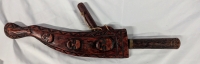 Knife with Carved Wooden Case & Handle. 17" Long with Case. 9" Blade. Dull Blade