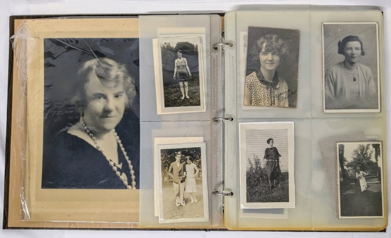 Instant Ancestors! Vintage Photo Album With Black & White Family Photos, Portraits, Prints of Scenery + 2 Negatives : Drag Racing Car & Nude Woman