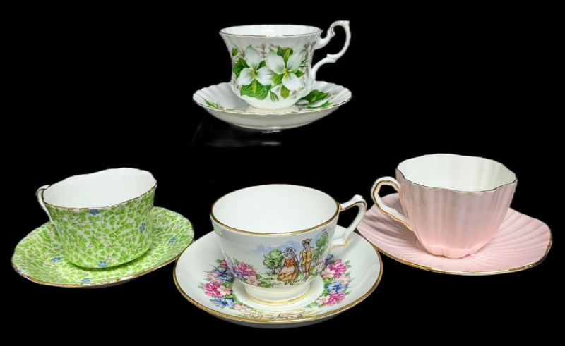 4 Sets Bone China Cups & Saucer Sets : Royal Albert Trillium, Staffordshire Evangeline's Acadian Garden, Collingwood & Foley - All Ring True