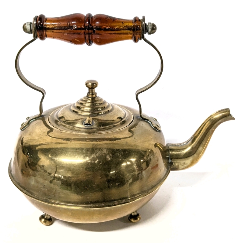 Vintage Brass Teapot With Feet & Amber-Coloured Glass Handle - 8.5" Tall At Handle