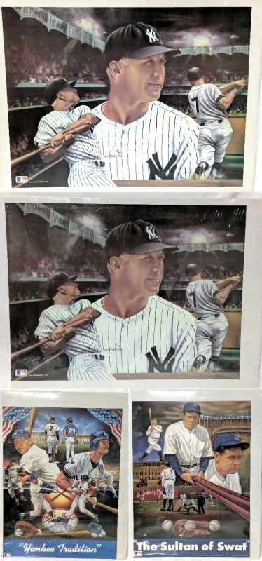 4 Vintage 1980s Sports Impressions MLB Baseball New York Yankees & Babe Ruth Posters - 3 Wrapped & Boarded, 1 Boarded - Most 18" &times; 23.5"