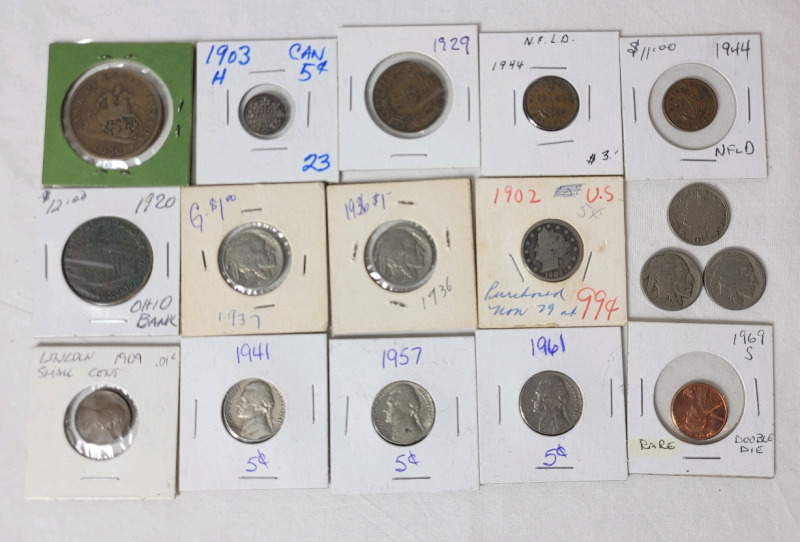 1852 - 1969 Canadian & USA Coin Lot . 1852 Bank of Upper Canada Penny , 1903H Silver Nickel , NFLD Coins , 1920 Ohio Bank Token , 1902 & 1908 US Nickels , Four (4) USA Buffalo Nickels plus more