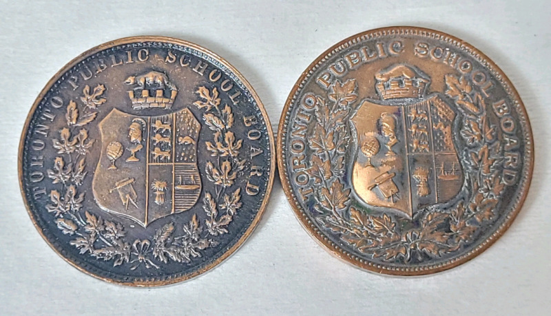 Two (2) Vintage 1950s Toronto Public School Board 4 Years Good Conduct Copper Medal .