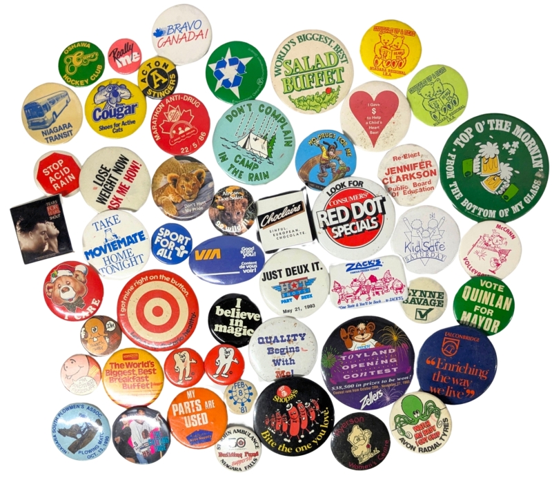 50 Vintage Buttons & Badges : Zellers Zeddy, Hot Shots! Part Deux, African Lion Safari, Shopsy's, Tears For Fears : Shout, Environmental, Anti-Drugs + More - Most Around 1.5" Diameter