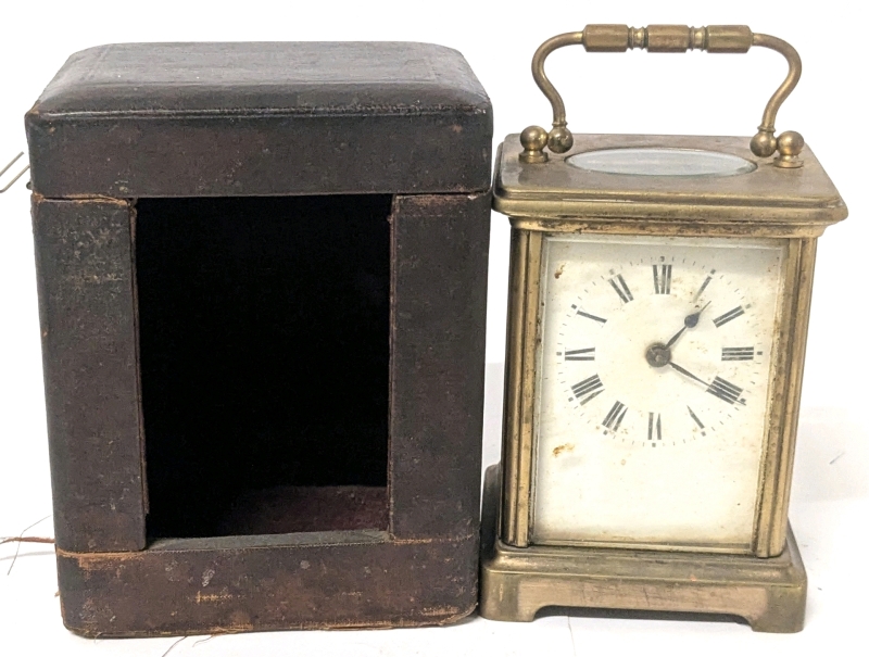 Antique Victorian French Carriage Clock with Original Carrying Case & Key - 4" &times; 3.5" &times; 5" Tall [As-Is, Needs Servicing]