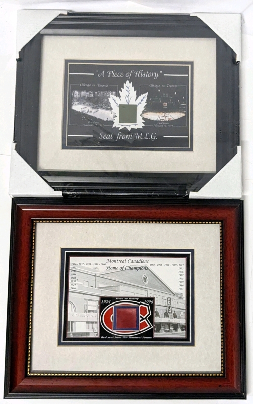 2 Vintage Authenticated Pieces of History: Framed Pieces of Red & Green Seats From The Montreal Forum (1924-1996) & Maple Leaf Gardens Toronto (1931-1999) - 12" &times; 10" Each | Signed by Authenticator From Heroes 'N' Legends