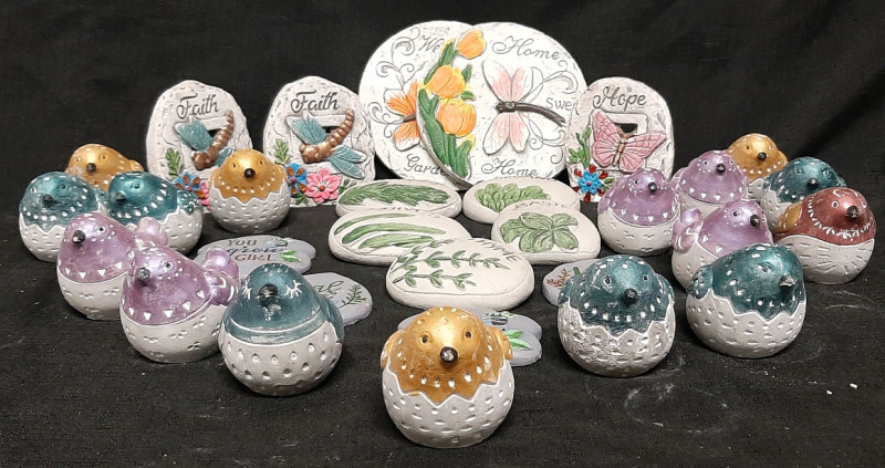 Large Lot of Stone Garden Ornaments | 2 Round Stones (6" Diameter), 5 Plant Label Stones (Roughly 4&frac12;" Long, 2&frac12;" Wide), 3 Standing Stones (4&frac12;" Tall, 3" Wide), 4 Flat Stones (3" Wide) & 16 Bird Statues (2&frac12;" Tall, 2&frac12;" Wide)