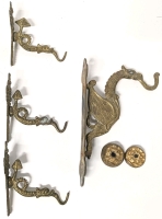 4 Vintage Brass Dragon / Sea Serpent Wall Hooks (5" - 8.8") & 2 Brass Finials (1.6" Diameter)