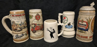 5 Vintage Beer Ceramic Steins 8" Tallest - Stroh's, Molson +