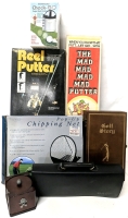 7 Vintage to Modern GOLF Doohickeys : Technasonic Check-Go Sweet Spot Finder, Reel Putter by Exec-U-Putt, The Mad Mad Mad Mad Putter (Incomplete) , Set of 5 Golf Coasters, 6pc As-New BASF Indoor Golf Set in Case, Golf Story Wood Shadow Box With Photos