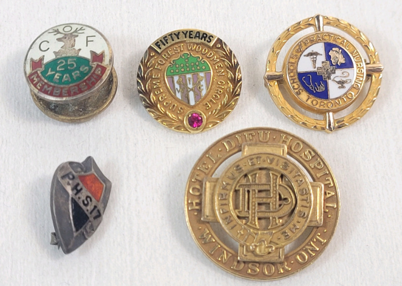 Vintage Sterling Silver & Gold Filled Pins . Two (2) Sterling Silver Pins , 1965 Birks Gold Filled Hotel Dieu Pin , 1/10 10K Gold Filled T.O. School of Nursing Pin & 1/10 10K Gold Filled 50 Years Forest Woodmen Pin
