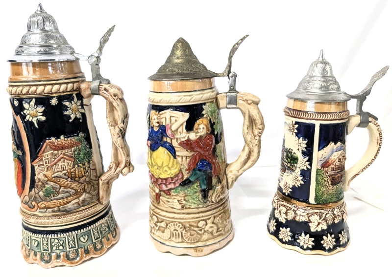 3 Vintage Musical Lidded Stoneware Beer Steins Incl Signed MAPSA Swiss Musical Movement, Plays "Trink, Trink Bruderlein" (Drink, Drink, Goodfellow Drink) - Up to 11.25" Tall