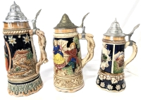 3 Vintage Musical Lidded Stoneware Beer Steins Incl Signed MAPSA Swiss Musical Movement, Plays "Trink, Trink Bruderlein" (Drink, Drink, Goodfellow Drink) - Up to 11.25" Tall