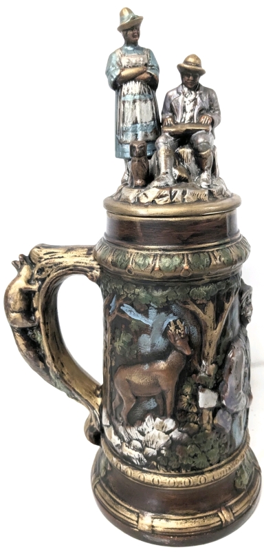 Huge Vintage Signed German Handpainted Ceramic Beer Stein With Figures On Lid 16&rdquo; Tall