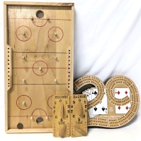Vintage Wooden Penny Table Hockey Game Board, (8.75" &times; 16.75"), The Perfect Cribbage Board With Card Decks + Pins & 2&times; Vintage Euchre Score Boards