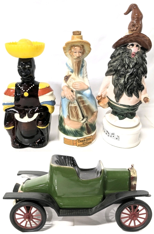 4 Vintage As-Is Liquor Bottles / Decanters : 1969 Stitzel Weller Old KY Hillbilly Moonshiner Cabin Still Porcelain, Angostura Trinidad Old Oak Limbo Drummer Caribbean Rum Amber Glass +
