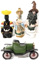 4 Vintage As-Is Liquor Bottles / Decanters : 1969 Stitzel Weller Old KY Hillbilly Moonshiner Cabin Still Porcelain, Angostura Trinidad Old Oak Limbo Drummer Caribbean Rum Amber Glass +