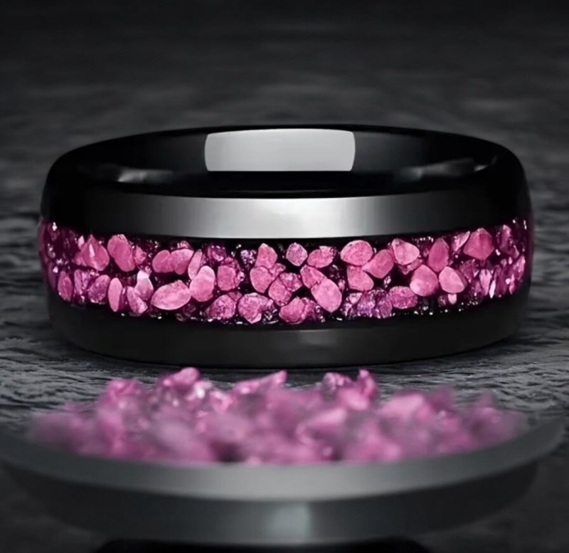 8mm Black Tungsten Ring Outer Space Nebula Galaxy Design with Purple Crystal Inlay Size 10