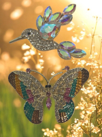Delightful Hummingbird Glass Inlay and Enamel Rhinestone Butterfly Brooch sizes in description