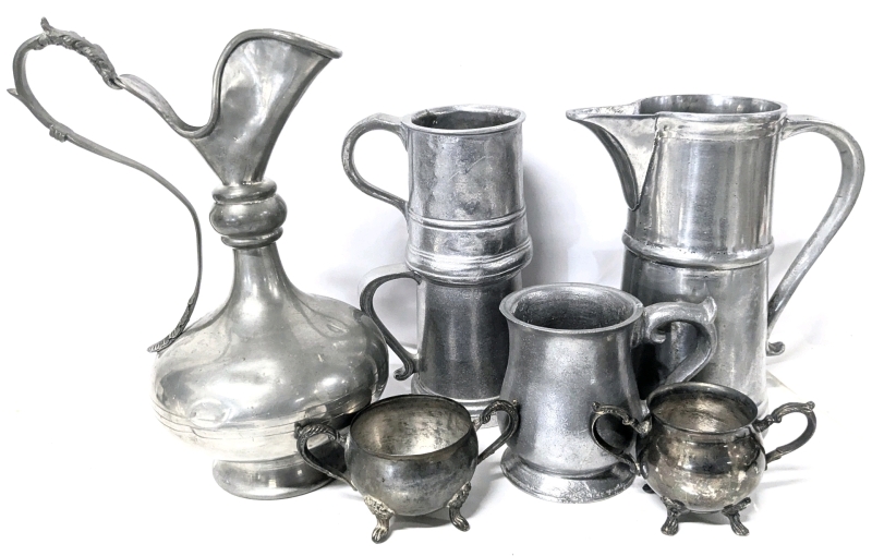 6 Vintage Pewter / Aluminum or Plated Pieces : 2 Signed Pitchers, 2 Small Footed Plated Bowls, 3 Tankards, 2 Signed - Up to 11.25" Tall