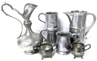 6 Vintage Pewter / Aluminum or Plated Pieces : 2 Signed Pitchers, 2 Small Footed Plated Bowls, 3 Tankards, 2 Signed - Up to 11.25" Tall